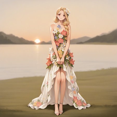 score_9. score_8_up, score_7_up, score_6_up, score_5_up, score_4_up, source_anime, woman, fl0r4l_1, flower dress, stiletto high heels, blonde hair, <lora:Floral_dress_pony_9:0.65>, open field, sunset, anime, chiffon
