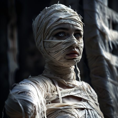 mummy city, bandages, professional photo, very detailed and dramatic, expressive cinematic, darkness, bokeh f1.2<lora:mummy:1>