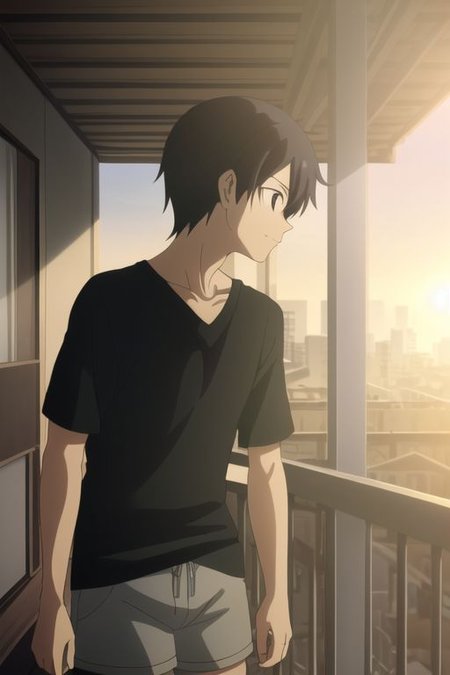 high resolution, professional photography, best quality, 1Boy, Kazuto Kirigaya, Black Hair, Black Eyes, home balcony, morning, soft sunlight, cigarette, coffee, v-neck t-shirt, shorts, potrait, looking away,