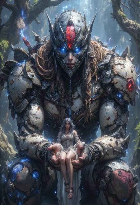 phantasie. A large robot holds a woman in its hands. The woman is so small that she sits on the robot's hand.
best quality, ultra-detailed, very aesthetic, illustration, perfect composition, intricate details,  atmospheric lighting, streaks of light
Masterpiece, vibrant colors, very detailed, midjourneyv6.1, detail background, ArsMJStyle, ChiaroscuroFantasy, detailed