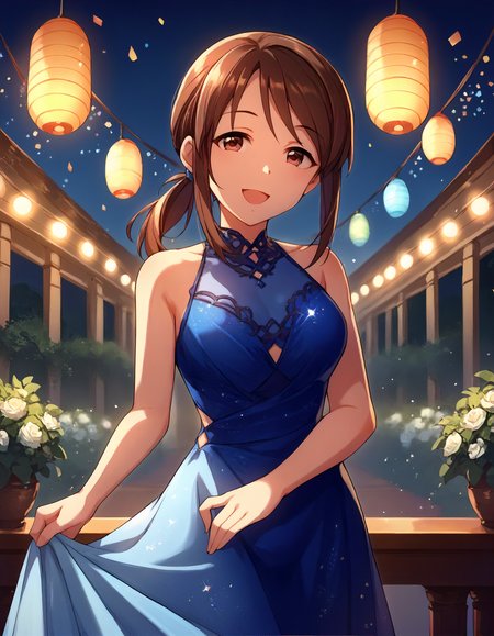 score_9,score_8_up,score_7_up,1girl,solo,cowboy shot,looking at viewer,smile,open mouth,stage lights,
<lora:mifunemiyu_ponyXLV6:0.8>,cgmfm,
brown hair,sidelocks,low ponytail,brown eyes,
blue dress