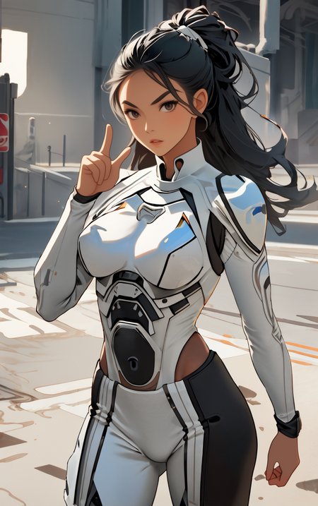 ((masterpiece, best quality)),  solo, looking at viewer, amazon_woman whit black hair wearing spacesuit, long hair, "Grimace", "Bob hairstyle" hair, "Shushing with finger to lips" pose , skin tight,  depth of field, light particles,
 <lora:GoodHands-beta2:1>,
<lora:BrazilianWomanAmazon_V1.0:1>,
<lora:muscle_slider_v1:2>,
<lora:weight_slider_v2:-1>,
<lora:hair_length_slider_v1:1>,
 <lora:spacesuitV1.0:0.7>,
 <lora:wuxia2:0.6>,
 <lora:Background_Detail_v3:1>,
<lora:IvoryGoldAIv2:0.7>