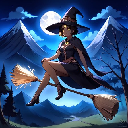 masterpiece, best quality, amazing quality, intricate details, te'kharoth, third eye, tail, yellow eyes, very dark skin, dark-skinned female, witch, witch hat, broom, floating, riding witch's broom, night, full moon, magic, fantasy, tree, mountain,