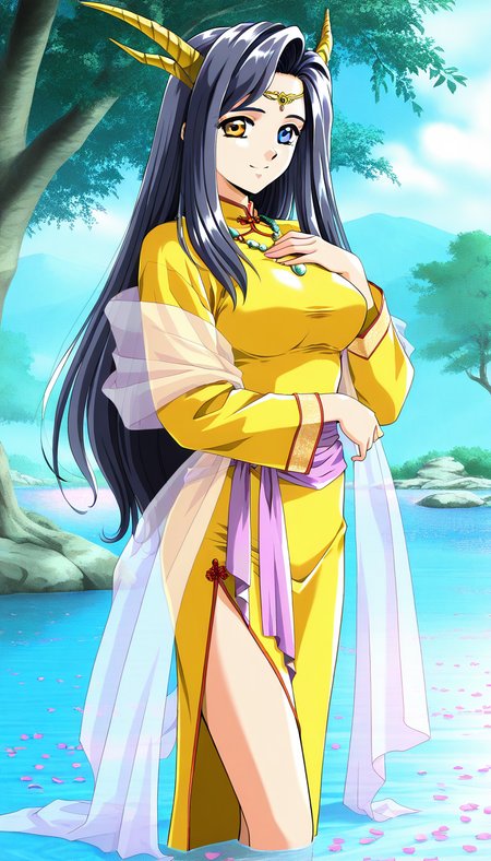 masterpiece, best quality, good quality,  <lora:Nami_Koihime_IS:1>Nami_Koihime, long hair, breasts, black hair, medium breasts,blue eyes, large breasts, 1990s (style), foreheadã
1girl, solo, yellow eyes, horns, 1990s (style), outdoors, retro artstyle, necklace, day, shawl, dress, jewelry, long sleeves, standing, tree, looking at viewer, hand on own chest, water, blue hair, yellow dress, circlet, petals, robe, smile, purple hair, chinese clothes, see-through, sash, dragon girl