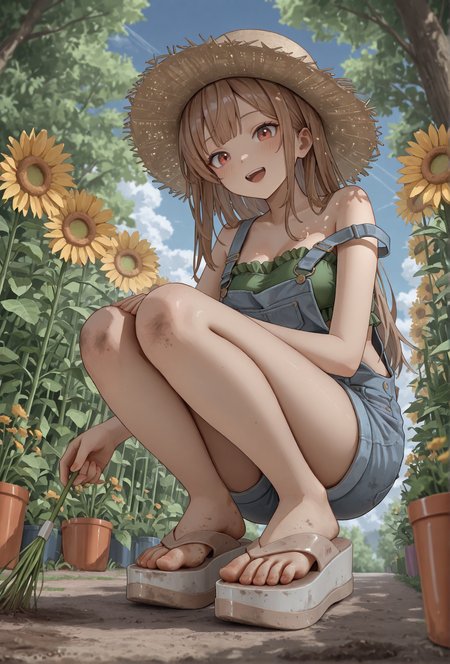 masterpiece, best quality, 
(mlsa flip flops), (platform footwear:1.2),
dirty shoes, dirty feet,
low angle, foot focus,
1girl, 
squatting,
straw hat, gardening, outdoors, dappled sunlight,
short denim overalls, strap slip, green frilled bandeau top,
medium breasts, 
happy, cute face,