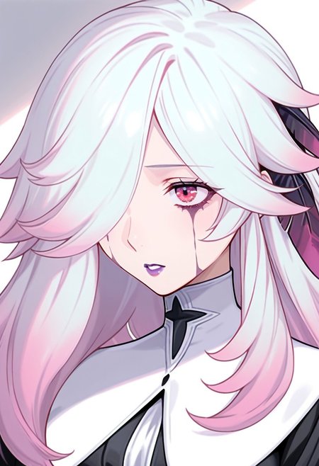 AMAZING QUALITY, MASTERPIECE, 1GIRL, CHIARA, WHITE HAIR, HAIR FEATHERS, HAIR OVER EYE, PINK HIGHLIGHTS, RED EYES, DRESS, EYE STAINS, PURPLE LIPSTICK, PORTRAIT