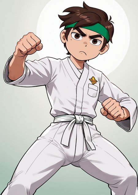 masterpiece,best quality,very aesthetic,<lora:marco_diaz:0.6>,marco diaz,from below,brown hair,mole under left eye,short hair,solo,thick eyebrows,white karate uniform,green headband,<lora:Lucyla_Art_Style:0.5>,1boy,looking at viewer,pout,fighting stance, standing,spread legs,