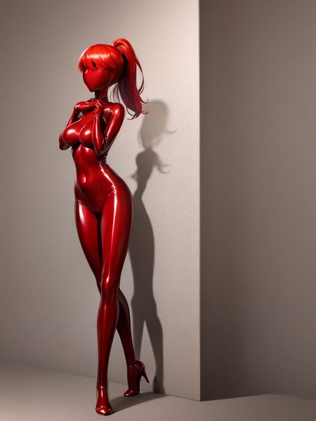 (best quality), (ultra-detailed), (best illustration), (best shadow), masterpiece, high res, (1girl, solo), latexskin, cameltoe, large breasts, red rubber bodysuit, red latex body, transparent, spread pussy,  skintight, sexy pose, glossy red latex, girl made of red latex, skin made of red latex, red latex skin, (((((faceless, featureless face))))), long hair, red hair, red glossy latex face, impossible clothes, waist up view, ponytail, facing the viewer, walking towards viewer, simple background