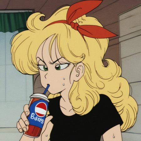 score_9,score_8_up,score_7_up, orgasm face, shiny oild skin, sweat, (1girl),
retro artstyle, bad launch, 1girl, solo, blonde hair, long hair, curly hair, red hair ribbon, green eyes, green eyes, drinking pepsi at a cafe, black t-shirt, army green pants,
 <lora:LaunchPony:0.75> <lora:KameHousePonyV1_1:0.75>