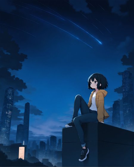 1girl, solo, cowboy shot, cute girl, pants, black hair, white shirt, sitting, shooting star, hood down, jacket, short hair, starry sky, open jacket, long sleeves, jeans, cloud, knee up, hooded jacket, night, shoes, looking away, skyscraper, cityscape, outdoors, <lora:locute_noob11_v3_original:1>