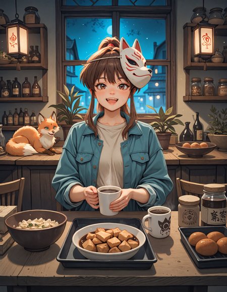 (atmosphere, masterpiece, high_quality, absurdres, very aesthetic, blurry_background, grainy_texture, film_grain, light particles textured clothing, textured hair, painterly, watercolor_\(medium\), colored_pencil_\(medium\), blending)
(w1tchyc0ttagec0re, fox, 1girl, solo, long_hair, blush, looking_at_viewer, smile, open_mouth, brown_hair, photoshop_(medium), shirt, brown_eyes, holding, green_eyes, jacket, ponytail, flower, :d, food, teeth, indoors, cup, window, mask, night, chair, table, high_ponytail, bottle, plant, bowl, lantern, mug, potted_plant, mask_on_head, fox_mask, coffee, shelf, kitchen, jar, shop, mask_removed, counter, inuyasha)