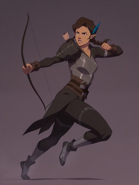 <lora:VexIL:1> ve_x, 1girl, half-elf, elf ears, brown hair, braid hair, brown eyes, blue feather in hair,
shooting in long bow arrow, steel armor,glowing liens, action, full body, glowing background,