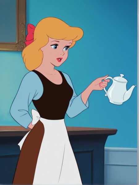 masterpiece, best quality, amazing quality, very aesthetic, absurdres,  newest, detailed background, indoors, dynamic angle, 4k, 8k,  
cinderellaxd, 1girl, blue eyes, solo, apron, blonde hair, teapot, 1980s (style), retro artstyle, long sleeves, red lips, waist apron, bow, hair bow, shirt
 <lora:Cinderella_-_Disney_Illustrious-000009:1>