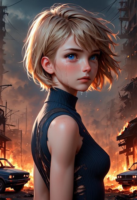 1girl, Masterpiece, 4k, ultra high detail, score_9, score_8_up, score_8, 18yo, petite, medium breast, short blonde hair, fcNeg, stunning blue eyes, freckles, white skin, small nose, innocent beauty, slim face,  skinny petite body, 
Torn sport clothes
Dark sky, burning sky, nighttime, night, 
Fear in her eyes, crying, 
Sideview,  Apocalyptic scene, burning skyscraper, burning city, derstroyed cars, a huge asteroid swarm in the sky, 
Many asteroids in the sky, 
End of the World, 
negative_hand, NightScapes,