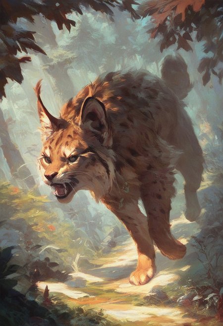 score_9, score_8_up, score_7_up, masterpiece, best quality, absurdres, vibrant, highly detailed, a fluffy baby lynx roaring, forest