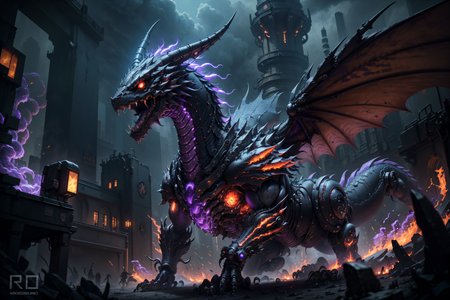 (robotic black and red dragon),(masterpiece, Extremely detailed, 8k, photorealistic,UHD,best quality, highres:1.3),robort,(photorealistic:1.2)(dept of field:1.2),dof, absurdres, (realistic:1.5),fine detail, HDR,  perfect illumination, distinct, , (open mouth),(cybernetic body),(fangs:1.2),(post-apocalyptic lanscape:1.2), wings, (claws),cyberpunk,electronic part,(breathing purple_fire:1.3),detailed eyes,
film grainy, insane details, intricate details, hyperdetailed, unreal engine, trend on artstation,highly detailed,science-fiction,futurist,
(mechanical),close up,
<lora:Dragons v1:0.3>,<lora:FINAL  Robort:0.2>