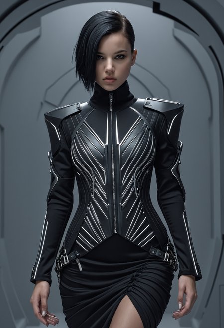 Techwear fashion Charlie Bowater princess,a young woman,1girl,<lora:Alexander McQueen-art deco:1>,Alexander McQueen art deco, . Futuristic, cyberpunk, urban, tactical, sleek, dark, highly detailed