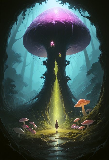 score_9, score_8_up, score_7_up, T
A small goblin sage with moss-covered skin and glowing mushroom spores growing from its back, standing in a dense forest filled with towering trees and oversized mushrooms emitting a soft, eerie glow, twilight atmosphere, whimsical yet eerie., 
in the style of 80s dark fantasy