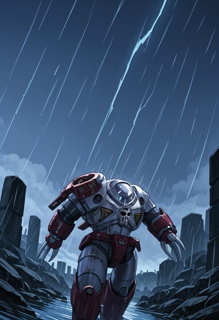 score_9, score_8_up, score_7_up, source_anime, cowboy shot, side view, BREAK, (looking up, running, msv_zgok_armor) 1mech, mech focus, solo, BREAK, white to grey background, cold lighting, score_9, score_8_up, score_7_up, source_anime, cowboy shot, side view, dutch angle from below, BREAK, ( ) 1mech, mech focus, solo, BREAK, water, ruins, overcast, cloudy sky, rain clouds, broken concrete, dirty, (score_9, score_8_up), score_7_up,  <lora:PonyImperialF40k:0.8> ImperialF40k, power armor, GreyK40k, gold trim, skull decorations, gold edges,