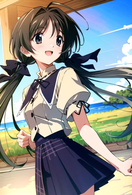 <lora:hotaruShirokawaMemories_v01:0.8>,((shirokawaHotaru)),masterpiece, best quality, extremely detailed, cowboy shot, 1girl, solo, focus on face, (happy face:1), open mouth, outdoors, black_ribbon, hair_ribbon, long_hair, plaid_skirt, puffy_short_sleeves, twintails,