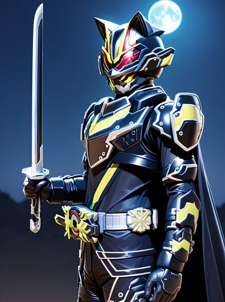 masterpiece, best quality, amazing quality, very aesthetic, absurdres, newest,, <lora:BujinTycoon:1>bujintycoon, male focus, solo, armor, weapon, sword, holding, belt, cape, holding weapon, tokusatsu, helmet, rider belt, red eyes, holding sword night full moon,  from side, looking at viewer,