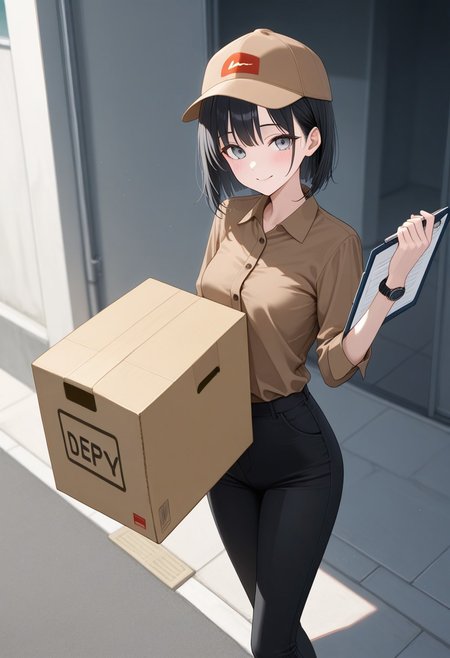 lazypos, outside cement porch, parking lot behind, BREAK, woman, adult, very skinny, tiny breasts, ((((short straight black hair)))), grey eyes, ((((((brown button up shirt, black pants)))))), brown cap, black wristwatch, BREAK, smile, embarrassed, looking up at viewer, (((((((((holding cardboard delivery box with 1clipboard on top)))))))))