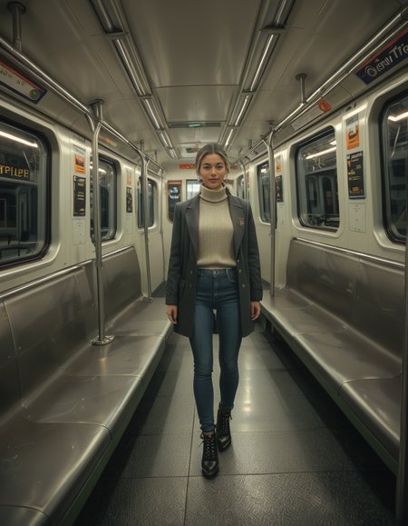 A modern subway train,Subw4y tr41n, in motion, with a single woman standing near the center of the train car, holding onto a shiny metal pole for balance as the train glides along the tracks. The woman is dressed casually yet stylishly, wearing a long black coat over a beige turtleneck sweater, paired with slim-fit jeans and ankle boots. Her hair is neatly tied back into a low bun, with a few loose strands framing her face. She has a thoughtful, calm expression, her gaze directed slightly downward as if lost in her own world. In her other hand, she holds a small tote bag, its strap looped over her wrist, with a paperback book peeking out from the top.
The subway car is clean but shows subtle signs of daily use. The walls are lined with muted gray panels, and the seats along the edges of the car are upholstered in a dark blue fabric, slightly faded from wear. Overhead, fluorescent lighting casts a bright, even glow across the interior, causing faint reflections on the polished floor, which is marked with the occasional scuff from commuters' shoes. Metal grab handles hang from above, gently swaying with the trainâs movement, and shiny steel poles are strategically placed throughout the car.
The windows on both sides reveal a blurry, motion-filled view of the dark subway tunnel, interspersed with flashes of graffiti-covered walls and dim utility lights. Above the windows, digital displays show the next stop in bright LED text, along with a route map that runs the length of the car. Small advertisements are mounted on the walls, showcasing everything from city events to product promotions, some with vibrant colors that add subtle contrast to the neutral tones of the train.
The atmosphere feels still and introspective, with the soft hum of the train and the occasional squeal of the wheels on the track. The train is sparsely occupied, with a few empty seats and subtle details like a forgotten coffee cup on one bench and a folded newspaper lying on the floor. The overall mood is quiet and reflective, capturing a moment of solitude and thoughtfulness during an ordinary subway ride.<lora:SDXLFaeTastic2400:0.4> <lora:extremely_detailed:0.4> extremely detailed, <lora:Subw4y_tr41n:1>, Masterpiece,best quality,hi res,8k,hi res,8k,award winning,(sharp focus, intricate, highly detailed),