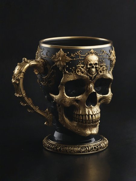 Imagine a skull-shaped cup adorned with intricate golden embellishments,  Crafted from gleaming gold, ornate engravings cover its surface,   <lora:Desolation:0.6>