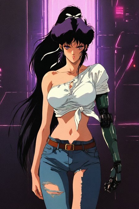 looking at the viewer, asymmetrical clothes, navel, purple eyes, very long hair, tied shirt, midriff, hair ribbon, single pantsleg, white shirt, ponytail, black hair, large breasts, jeans, white ribbon, brown belt, purple hair, asymmetrical legwear, mechanical arms,  1girl, solo, alone, <lora:retro_neon_cyberpunk_illustriousXL_by_zura_janai-000029:1>, retro_cyberpunk, retro, retro artstyle, masterpiece, highres