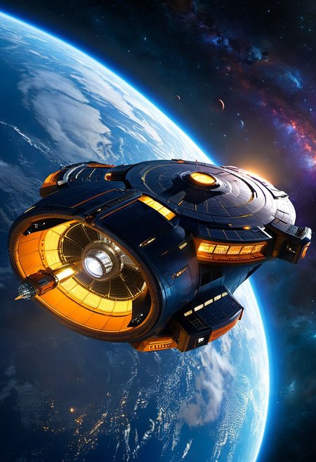 futurist spaceship, advanced propulsion system igniting, stars ahead blurring and stretching, planet earth in the background, faint glow of exotic energy envelops the ship symbolizing its transition into space, awe-inspiring wonder and excitement as ship's crew embarks on a journey to the unknown, thrill of discovery and exploration as the ship heads towards the infinite cosmos, Deep blues and purples for the darkness of space, nergetic oranges and yellows for the ship's energy and propulsion.