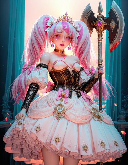 <lora:Ruan_Jia_Style:1> ruan_jia_style, 1girl, solo, 1girl, purple eyes, Hot pink hair, intricate detail, extremely detailed, chromatic aberration, colorful, bright colors,, subsurface scathering, depth of field, skin pores, detailed skin, masterpiece, best quality, newest, absurdres, highres, feeling, impact, very awa, dim lighting, sidelighting, skindentation, amazing quality, scenery, very aesthetic, newest, volumetric lighting, blending, <lora:add-detail-xl:1> <lora:cfg_scale_boost:1> <lora:sdxl_enhance:1> <lora:spo_sdxl_10ep_4k-data_lora_webui:1>, A highly detailed, illustration of a woman blending whimsical cute fashion with fierce warrior aesthetics, now tinged with a macabre twist. She stands confidently, holding a beautifully ornate, oversized battle axe, its intricate engravings smeared with fresh blood that drips from the blade. Her pastel pinks, baby blues, and whites outfit, featuring a frilly cute-style dress with lace accents, a high collar, puffed sleeves, and a corset bodice adorned with delicate bows and miniature charms, is stained with crimson splatters. The dress's layered ruffled skirt shows streaks of dried blood along the hem, Her hair, styled in long, flowing twin-tails tied with oversized bows, cascades in loose curls down her shoulders, the ends slightly matted with blood. She wears a dainty, jewel-encrusted tiara and a choker adorned with a heart-shaped gemstone now darkened with a splatter of crimson blood. Her expression is a mix of sweetness and unhinged ferocity, her wide eyes sparkling with both manic glee and raw determination, her lips twisted into a crazed, bloodthirsty grin. The background is a vibrant, dreamlike fantasy battlefield turned grim with hints of destruction. The magical sky swirls with pastel hues, but darker tones creep through the colors. Floating petals and sparkles remain, now stained and drifting alongside faint embers, as faint silhouettes of distant battles hint at the chaos. The overall scene exudes high-quality artistry, seamlessly blending cute, fierce, and unsettling elements in a stunning display of dark fantasy and cute fashion