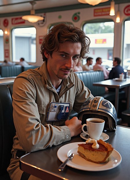 {"T5": ",A highly detailed, hyperrealistic photograph of a rebel starfighter pilot from Star Wars, sitting in a 1950s-style diner, with their helmet placed on the counter beside them, enjoying a cup of coffee and a slice of pie, the pilot's face is relaxed with a slight smile, eyes cast downward at the pie, wearing a modest, long-sleeved flight suit, zipped up to the neck, with a few buttons undone, the suit is a bit worn and faded, with visible textures and creases, the pilot's hair is messy and slightly tousled, the diner's background is a warm, nostalgic setting with chrome accents, vinyl booths, and a long counter, the camera is positioned at a 45-degree angle, looking down on the pilot from over their left shoulder, with the counter and the helmet in the foreground, and the diner's decorations and other patrons blurred in the background, the lighting is warm and cozy, with a few highlights on the chrome accents and the pilot's eyes,", "CLIP-L": ",rebel starfighter pilot, helmet off, enjoying coffee and pie, 1950s-style diner, hyperrealistic, highly detailed, modest, long-sleeved flight suit, worn and faded, messy hair, warm and nostalgic setting, chrome accents, vinyl booths, relaxed facial expression, slight smile, eyes cast downward,"}
<lora:Rebel_Starfighter_Pilot_-_Star_Wars_Flux:0.85>