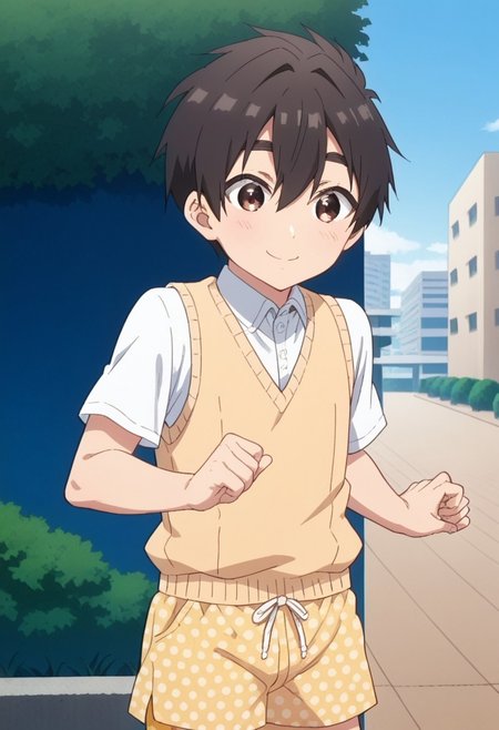 score_9, score_8up, 1boy, solo, smiling, outside, park, clapping, rentarou_aijou, black hair, brown eyes, short hair, hair between eyes, bangs, string vest, yellow shorts, polka dot shorts, dic style, vintage, cartoon