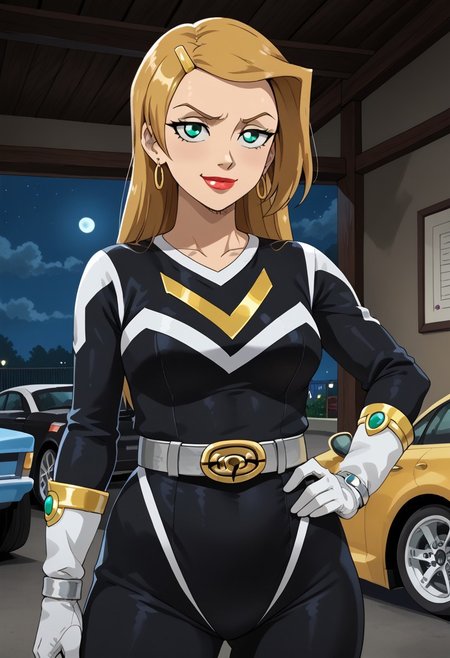 score_9, score_8_up, score_7_up, BREAK,
1girl, solo,  Sarah, green eyes, blonde hair, long hair, hairclip, earrings, lipstick, muscular, medium breasts, narrow waist, wide hips, sentaisaintforce, black bodysuit, silver belt, white gloves, spandex,  m-shaped chest symbol, helmet removed, no headwear,BREAK,
cowboy shot, smug, half-closed eyes, standing, hand on hip, indoors, garage, night,