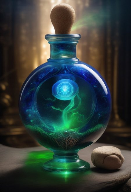 Score_9, Score_8, Photorealistic magical potion, intricate glass bottle, vibrant blue and green liquid, ethereal glow, wax seal with ancient symbol, cork, dynamic reflections, radiant aura, glowing particles, mystical ambiance, high detail, fantasy essence, intense magical energy