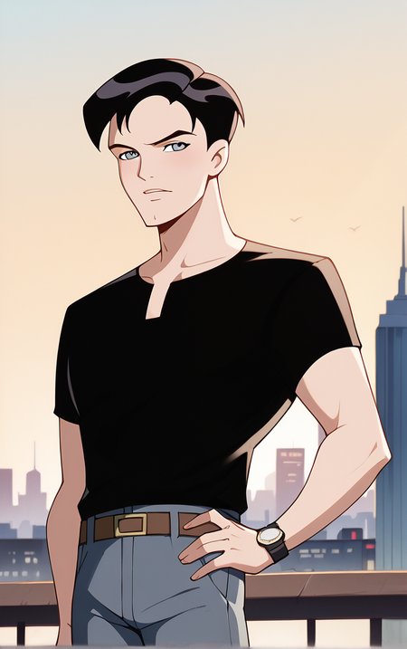 score_9, score_8_up, score_7_up, BREAK
BlackShirt_TerryMcGinnis_ownwaifu, 
1boy, black hair, grey eyes, short hair, bangs, 
black shirt, short sleeves, t-shirt, belt, brown belt, wristwatch, watch, grey pants, shirt tucked in, blue pants, belt buckle,
(contrapposto, hand on hip), sunset, sidelighting, cityscape, vanishing point, outdoors,  depth of field, solo,  
<lora:PONYXL_DC_BatManBeyond_TerryMcGinnis_ownwaifu_r1:0.8> , depth of field, 
,