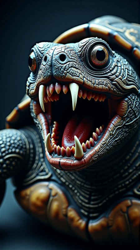 a photorealistic dark horror teeth incisors turtle <lora:DarkmosphericFlux:0.65> professional studio photography