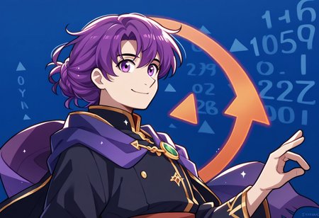score_9, score_8_up, score_7_up, stonks, arrow (symbol), formal, smile, upper body, blue background, <lora:StonksMeme_pdxl_Incrs_v1:1.2>,    mlcns, 1boy, black robe, purple cape, purple eyes, purple hair, monocle, red sash, gold trim, closed smile, looking at viewer, <lora:Canas-pdxl:1>, magic, bangs, <lora:monocle_pony_final:1>