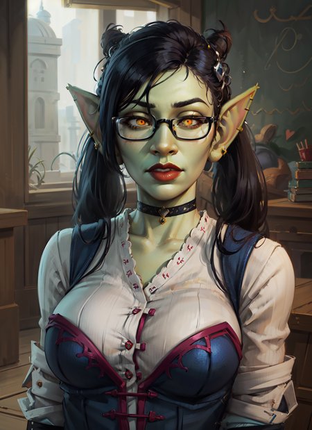 1girl, portrait of shewowgob engineer, green skin, white shirt, choker, glasses, red lips, shortstack, glowing yellow eyes, black hair, twintails, fantasy magic school indoors, volumetric lighting, best quality, masterpiece, intricate details, realistic  <lora:sxz-goblins-v2:0.8>