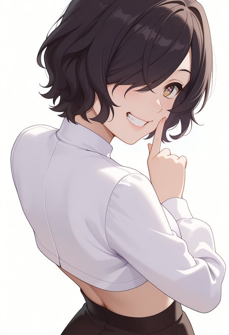 Smooth Quality,masterpiece,very intricate, high quality details, ultra realistic, high detailed skin,detailed enviorement,absurdres,
simple background, white background,
fingersmile, index fingers pulling lips into a grin, tense expression, awkward gaze,,from behind,
blouse, ,crop jacket,  ,stockings, , <lora:Kiclacnn:0.7> Kiclacnn, 1girl, black hair, brown eyes, symbol-shaped pupils, short hair, hair over one eye,