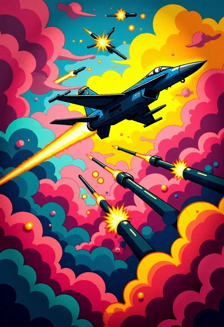 <lora:Graffiti_Characters2_FLUX-000011 (1):0.9>
This is a vibrant, stylized digital drawing set against a dramatic, abstract background, of a  a jet fighter shooting missles in the sky