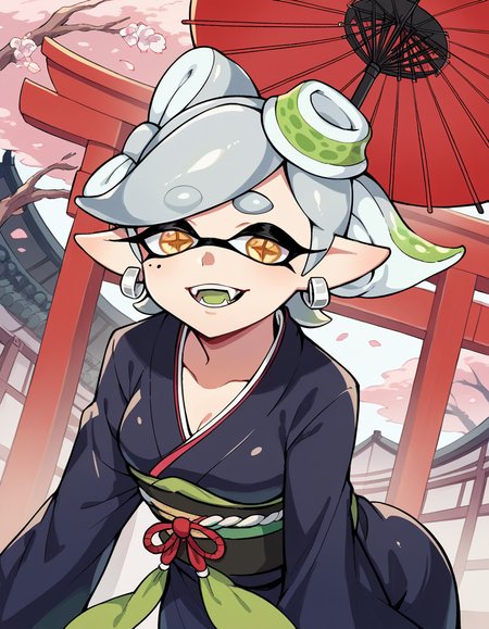 score_9, score_8_up, score_7_up, source_anime,
splatoonmarie, <lora:splatoon-marie-ponyxl-lora-nochekaiser:1>,
marie, fangs, grey hair, mole, mole under eye, pointy ears, short hair, yellow eyes, domino mask, mask, tentacle hair,
earrings, hair ornament, japanese clothes, jewelry, kimono, long sleeves, mole, mole under eye,  umbrella, wide sleeves,
outdoors, shrine, bent over, smile,
solo, dutch angle, looking at viewer, cowboy shot,