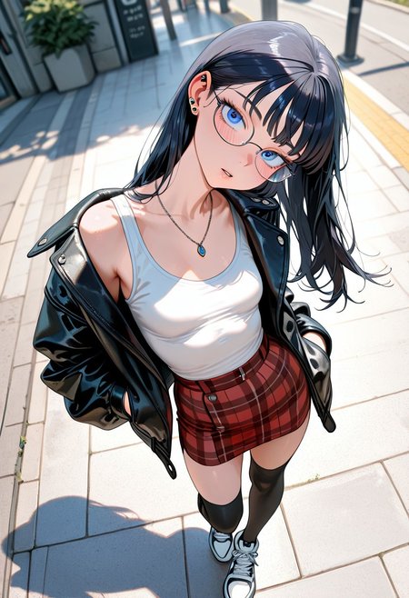 8K, best quality,masterpiece,amazing quality,ultra-detailed,delicate illustration, best shadows, very detailed, scenery, depth of field, volumetric,  cinematic perspective, hyper-realistic, masterpiece, best quality, amazing quality, highly detailed, very aesthetic, newest) , , sexy pose,
blushing, asian girl, small head, pretty girl, korean girl,
((slim body)), (small breasts), Dynamic angle, Dynamic pose, 
ear piercings, Nswf, ,,,,,
1girl, open black jacket, leather jacket, athletic sneakers, plaid skirt, black knee high socks, necklaces, blue eyes, dark hair, long hair, dynamic angle, from above, outdoors, standing, sidewalk, white tank top, parted lips, glasses, looking at viewer, head tilt, hand in pocket,
masterpiece, best quality, very awa, absurdres, highres, newest, very aesthetic, ambient occlusion, raytracing, 
 <lora:PowerPuffMixLora:0.8>,