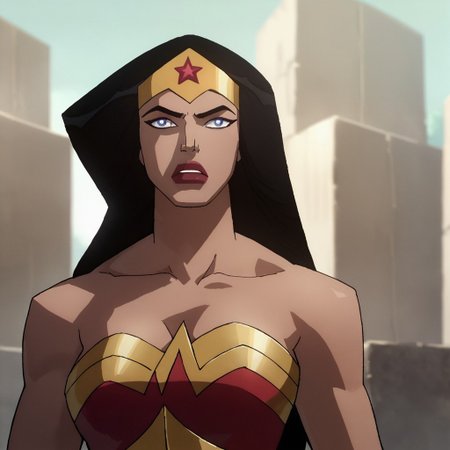 score_9, score_8_up, score_7_up, 1girl, solo, long hair, blue eyes, black hair, lipstick, cleavage, leotard, tiara, bracers, bare shoulders, Wonder Woman (2009)