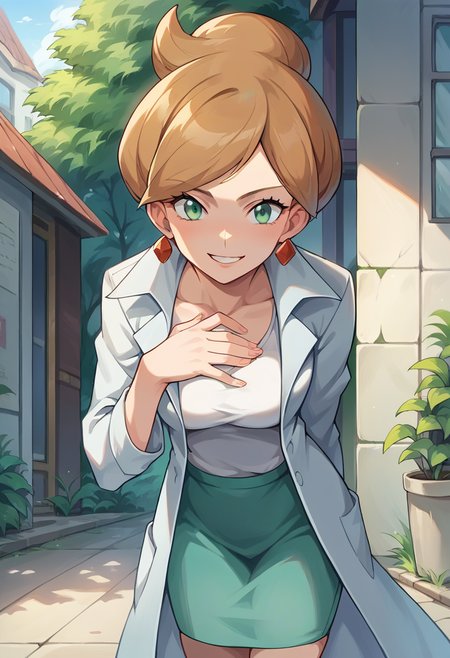 score_9, score_8_up, score_7_up, source_anime, masterpiece, 1girl, ctianjuniper, lab coat, green pencil skirt, earings, white shirt, looking at viewer,  <lora:juniper_pokemon_pony_ct:0.8>, hand on chest, smile, leaning forward, outside,
