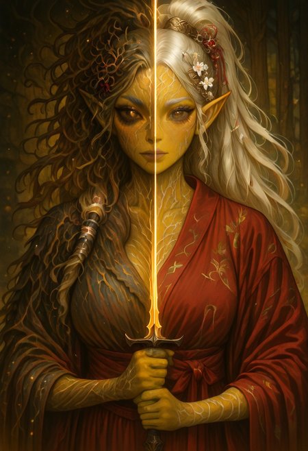 masterpiece, best quality, newest, absurdres, highres, 
DUSV1.0, split screen, split theme, dual persona, transformation, dark persona, holding sword, sword, holding weapon, holding, weapon,
1girl, asian, asian female, elf, elf girl, pointy ears, long hair, yellow skin, blonde hair, golden colored skin, ponytail long ponytail, high taied ponytail, makeup, mascara, brown eyes, golden eyes,
kimono, red kimono, japanese clothes, hair ornament,