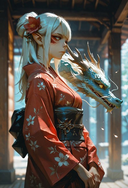 masterpiece, ultra-HD, cinematic lighting, photorealistic, impressionism (1.5), high detail, depth of field, (blurred background), (dramatic lighting),masterpiece, best quality, very aesthetic,8k, lae'zel, 1girl, gith (d&d), slit pupils, yellow eyes, facial mark , pointy ears, Dragon and girl, 1girl, dragon, japanese clothes, kimono, white hair, hair ornament, eastern dragon, blue eyes, red kimono, hair flower, hair bun, flower, sash, long sleeves, wide sleeves, obi, solo, petals, bangs, from side, floral print, single hair bun, closed mouth, sidelocks, long hair, red eyes, 
masterpiece, best quality, amazing quality, usnr,