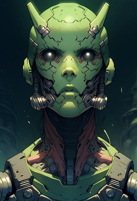 score_9_up, score_8_up, BugDroid, no humans, solo, black eyes, green skin, standing, cyborg, cyberpunk, techware, cyberware, knva, sinozick style, GLSHS