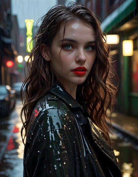 1girl, solo, looking_at_viewer, In a gritty, neo-noir setting of rain-slicked alleyways under the dim glow of a single neon sign, the camera captures a close-up of Riley, a woman with long, wavy chestnut hair cascading down her shoulders and wearing a unique outfit of a sleek black trench coat adorned with intricate silver chains and spikes. Her intense green eyes are sharply focused on the viewer, her full, painted red lips slightly parted to reveal a single gold tooth glinting in the shadows. The background is filled with the blurred reflections of rain-soaked buildings, while the foreground is bathed in a pool of light from a nearby streetlamp, creating a dramatic contrast between light and darkness that emphasizes Riley's fierceness and determination.