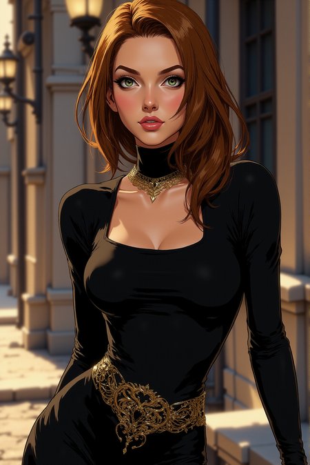 <lora:FANCHA_v.6:0.8> A highly detailed, digital photorealistic colors comic book inspired artwork features a feminine yet slender female character Alena. Mischievous smirk, sly yet friendly expression and elegant, toned posture. She wears an exquisite, (strict) yet  intriguing and captivating outfit.  (Realistic, natural body proportions. Photogenic, graceful pose).